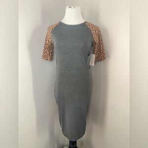 LuLaRoe Julia Dress Gray with Geometric Sleeves Midi Form Fitting